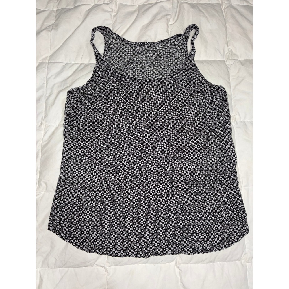 Womens Black White Floral Daisy Print Sleeveless Tank Top Scoop Neck Curved Hem